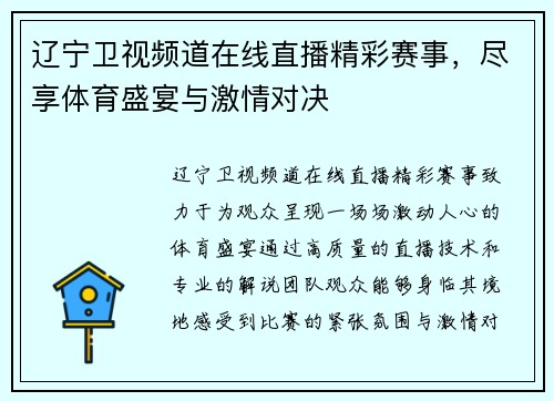 辽宁卫视频道在线直播精彩赛事,尽享体育盛宴与激情对决